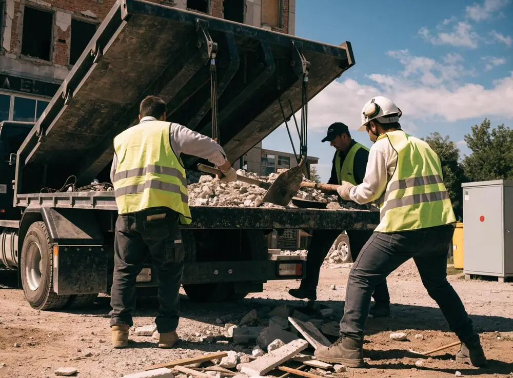 Crew loading debris into a hauling truck
